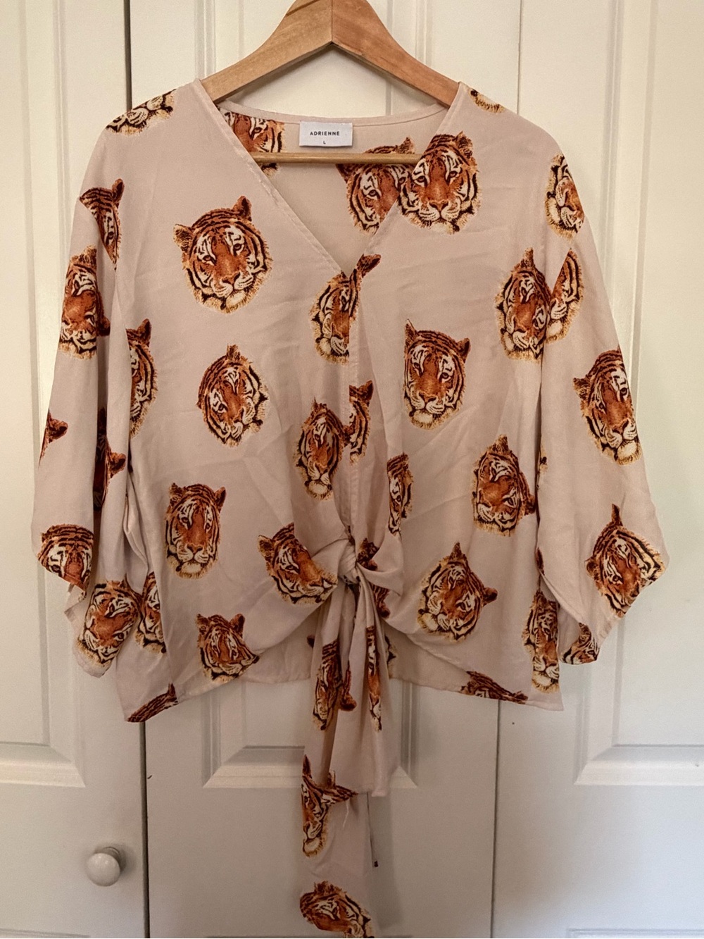 Adrienne Beige Tiger-Print Tie Front Blouse